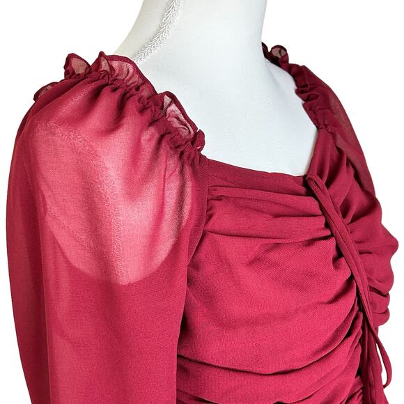 Vigoss Ruffle Chiffon Top Size Large Cherry Red Peplum Rushing Smocked Sheer - Picture 3 of 12